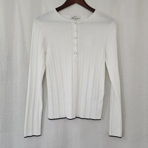 Vince. Button Front Long Sleeve Ribbed Top with Black Trim Women’s Size M